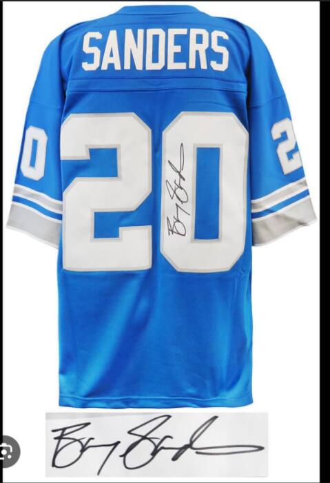 Men NFL Detroit Lions #20 Barry Sanders Signed Autographed blue jerseys